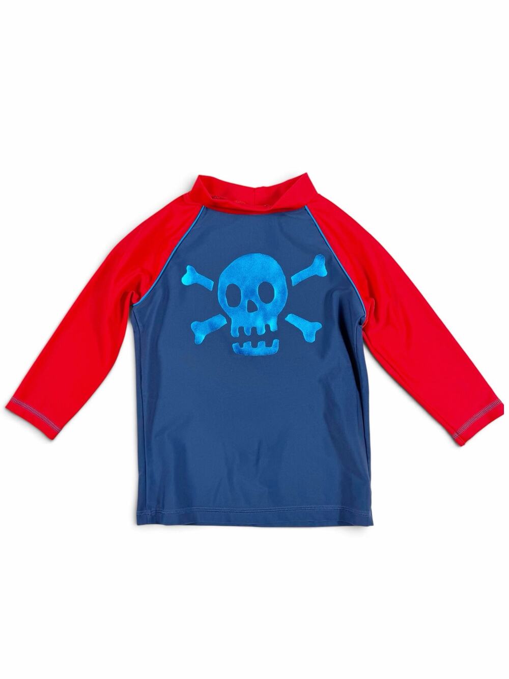 Mini Boden Skull Crossbones Long Sleeve Rash Guard Blue Red Size 6-7 Swim